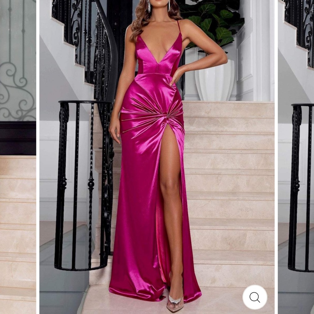 Abyss By Abby Fuchsia Satin Maxi Dress with Front Twist & Thigh Slit